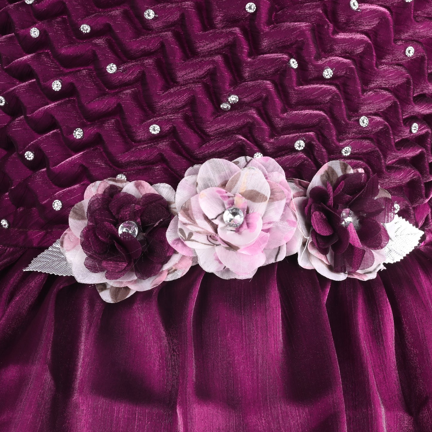 Girls Floral Applique Embellished Ruffle Sleeve Printed Party Dress