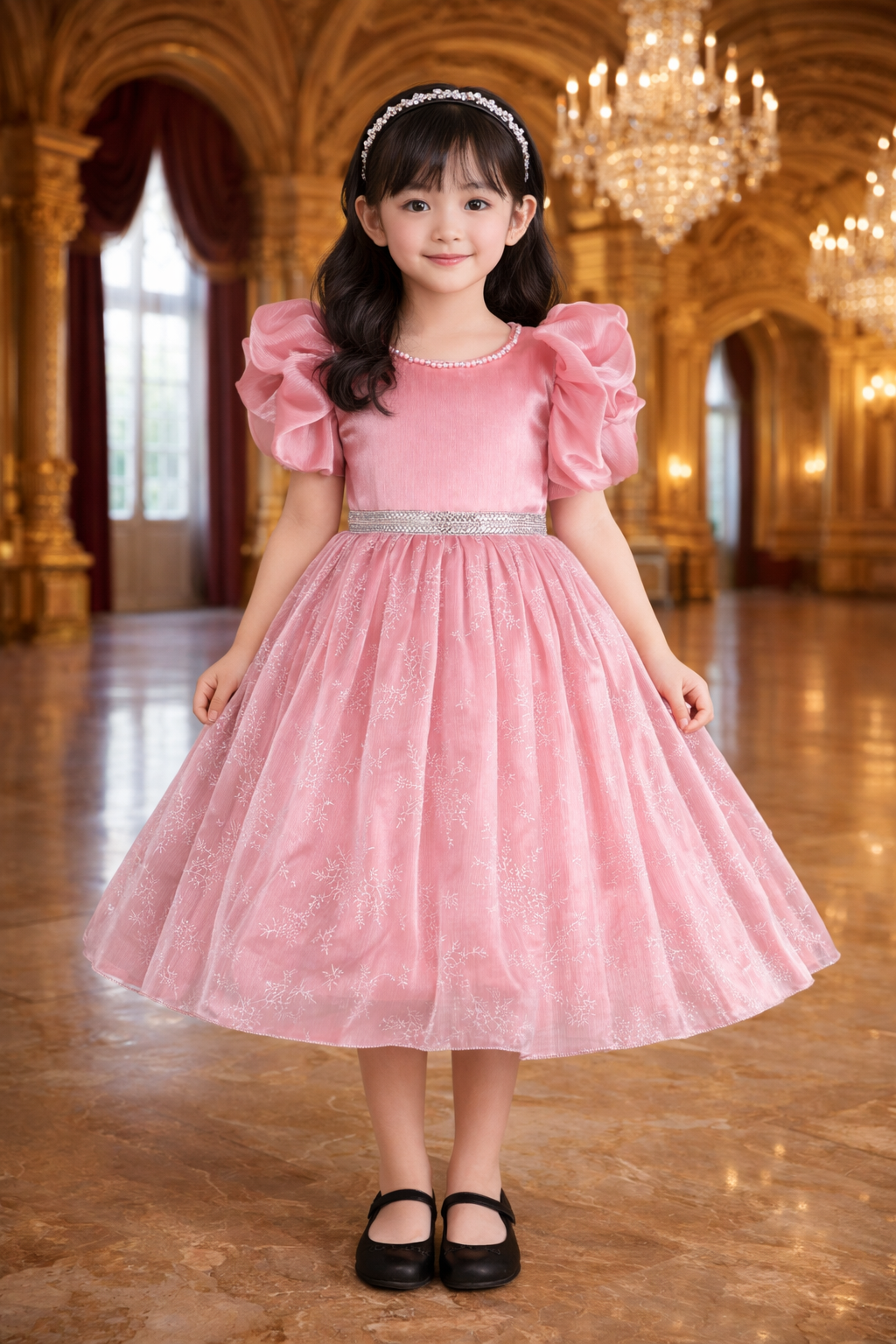 Girls Studded Balloon Sleeve Glitter Floral Party Dress