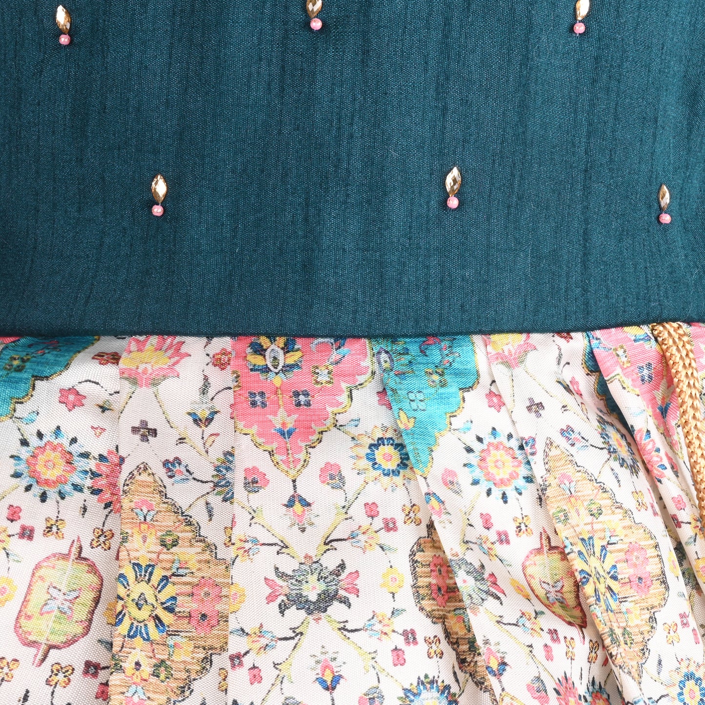 Girls Embellished Printed Ethnic Dress With waist Tassels