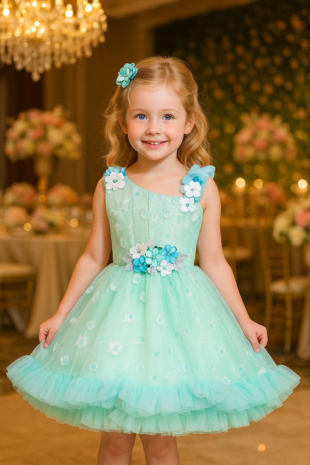 Girls Floral Net Flared Party Dress with Glitter Work