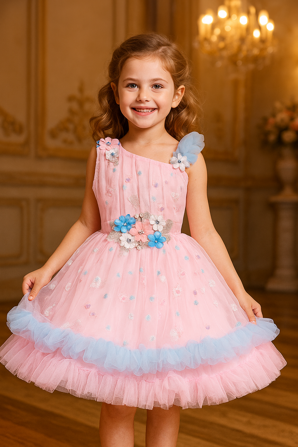 Girls Floral Net Flared Party Dress with Glitter Work