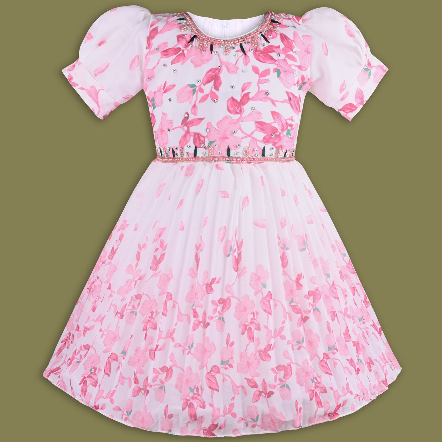 Girls Floral Print Bead Embellished Flared Party Dress