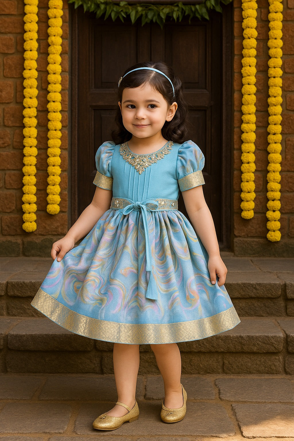 Girls Floral Bead Embellished Puff Sleeve Ethnic Dress