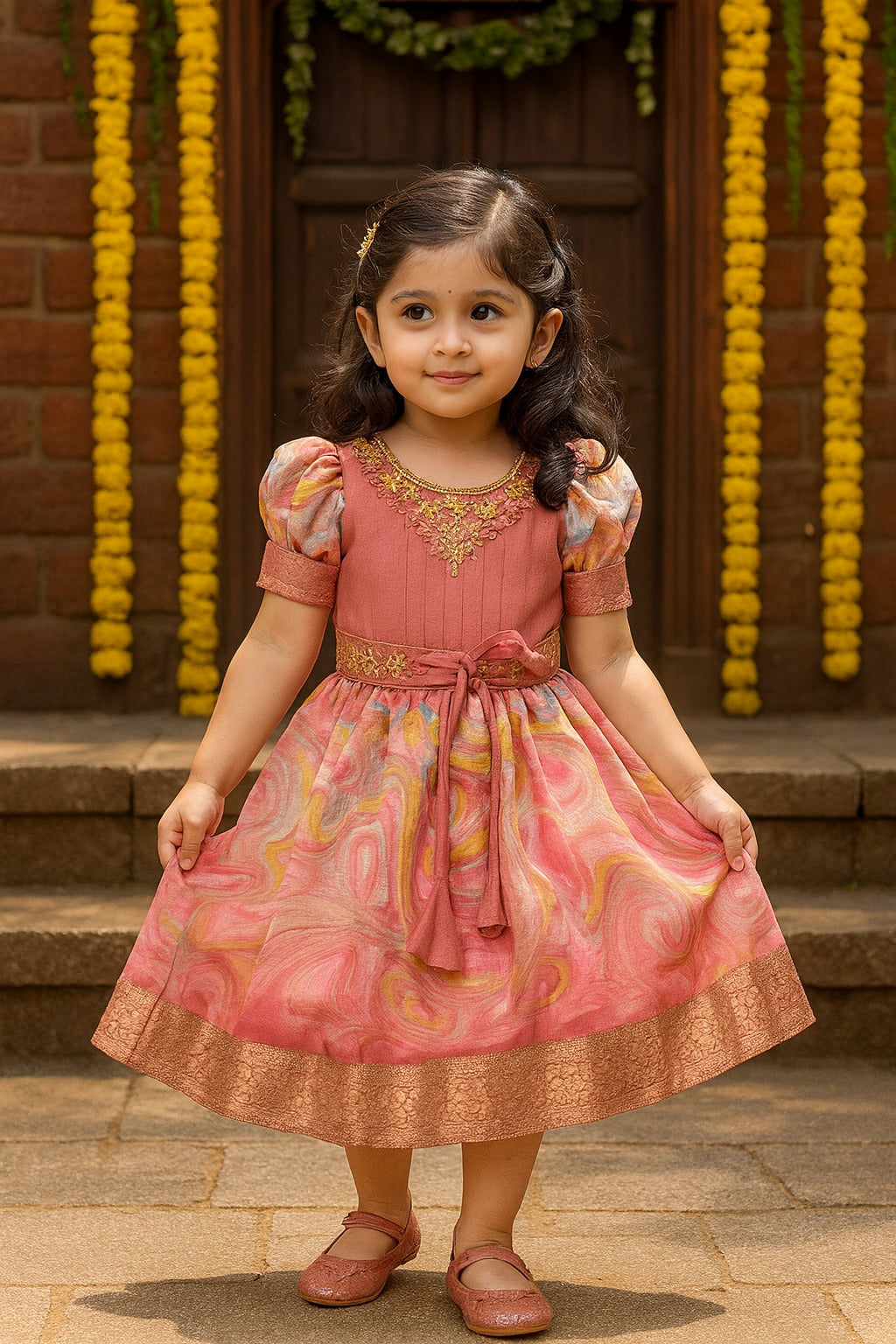 Girls Floral Bead Embellished Puff Sleeve Ethnic Dress