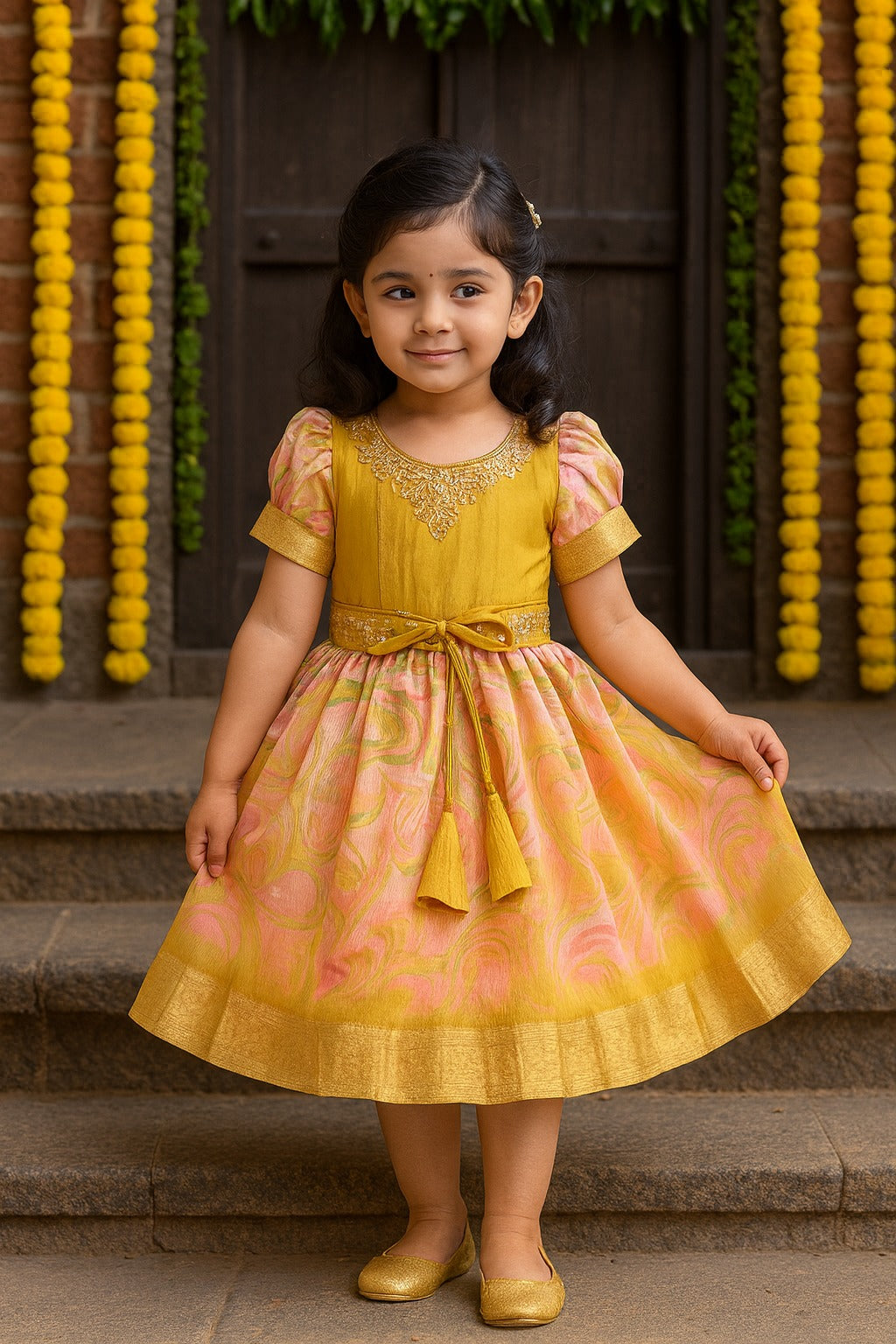 Girls Floral Bead Embellished Puff Sleeve Ethnic Dress