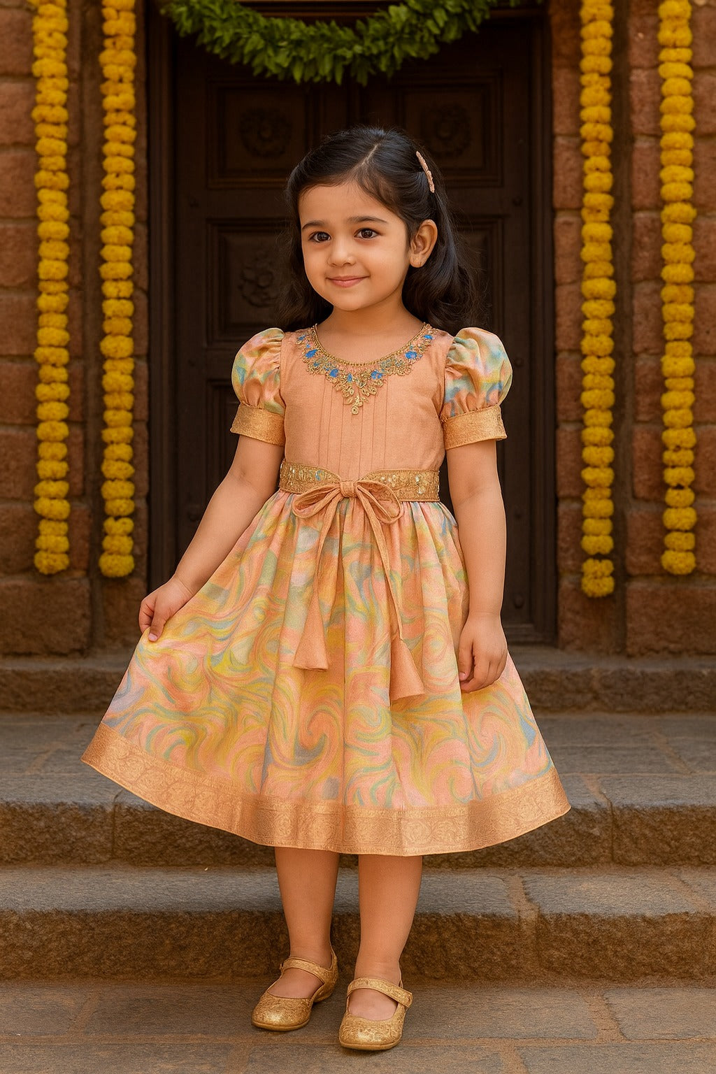 Girls Floral Bead Embellished Puff Sleeve Ethnic Dress