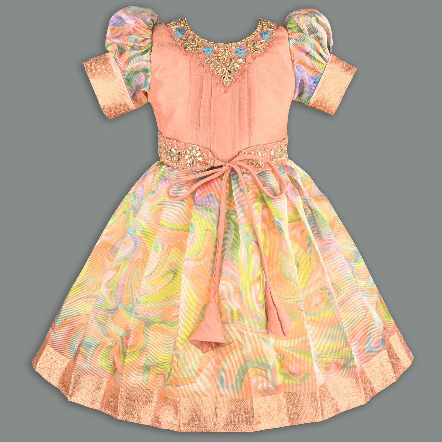 Girls Floral Bead Embellished Puff Sleeve Ethnic Dress