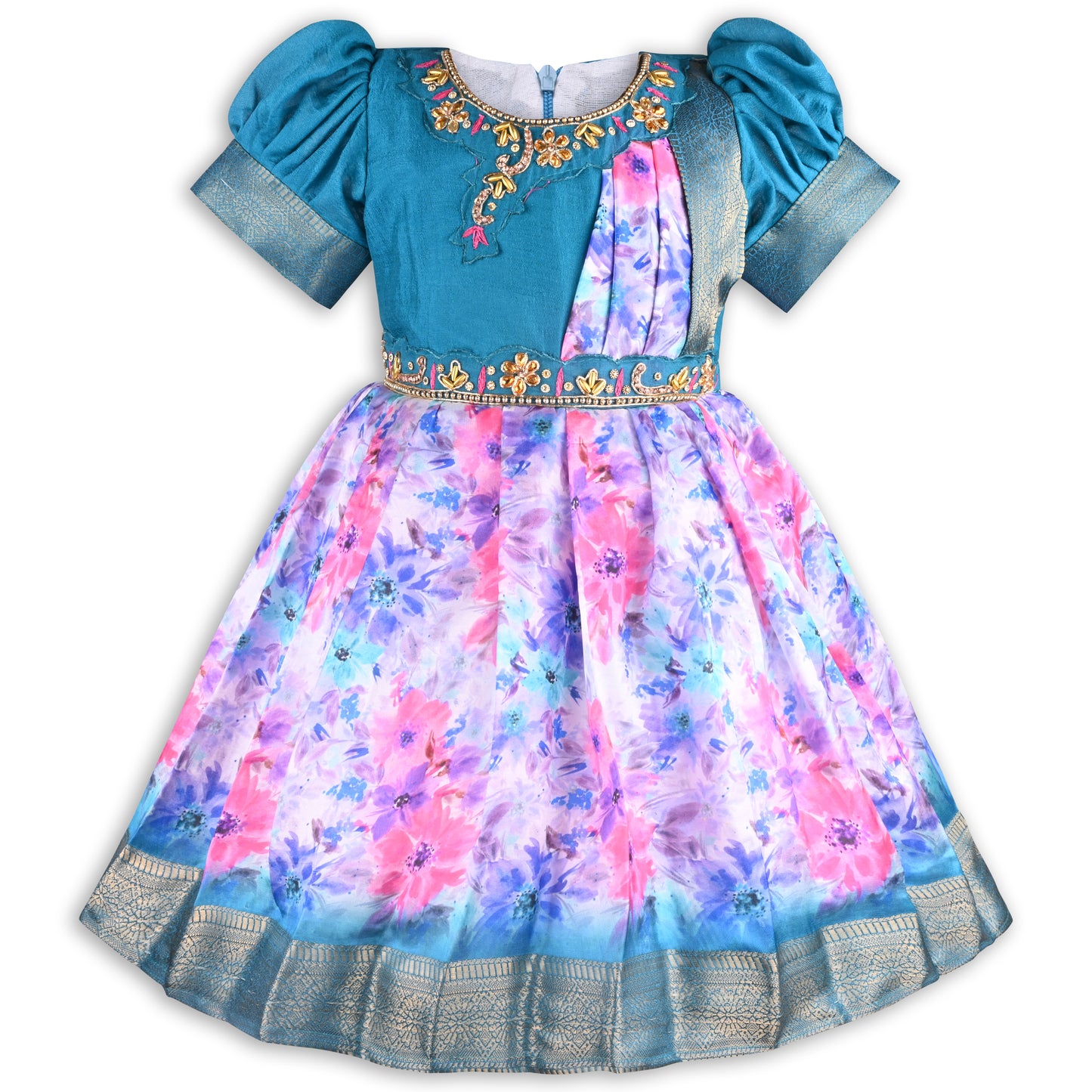 Girls Floral Print Bead Embellished Stylish Ethnic Dress