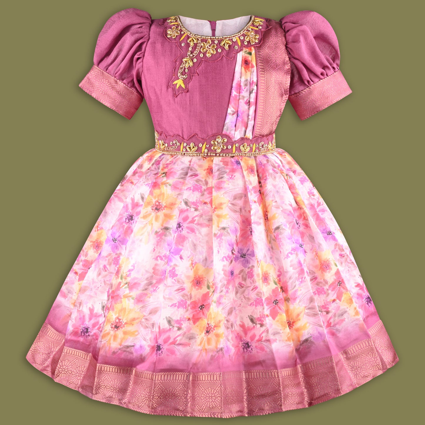 Girls Floral Print Bead Embellished Stylish Ethnic Dress