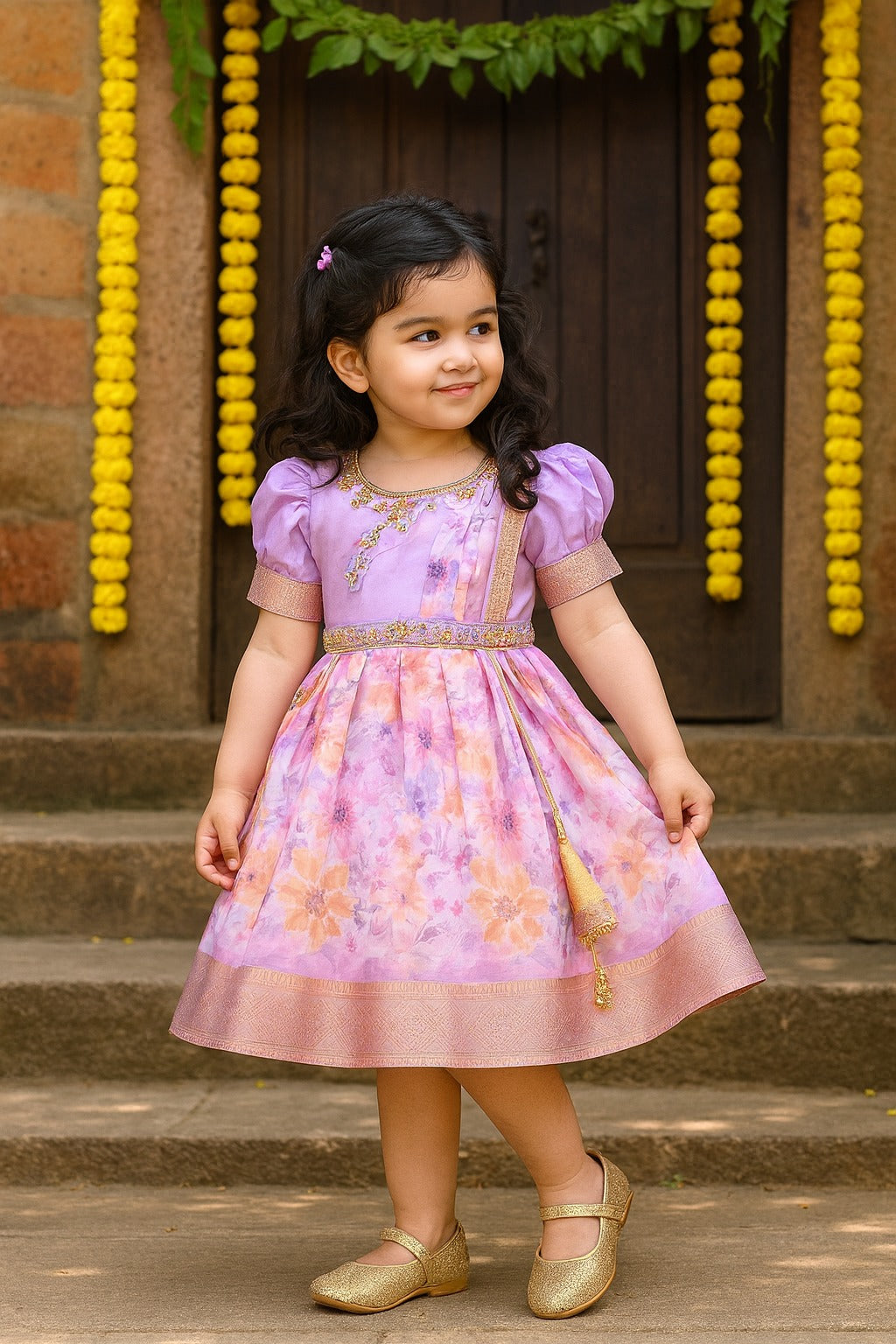 Girls Floral Print Bead Embellished Stylish Ethnic Dress