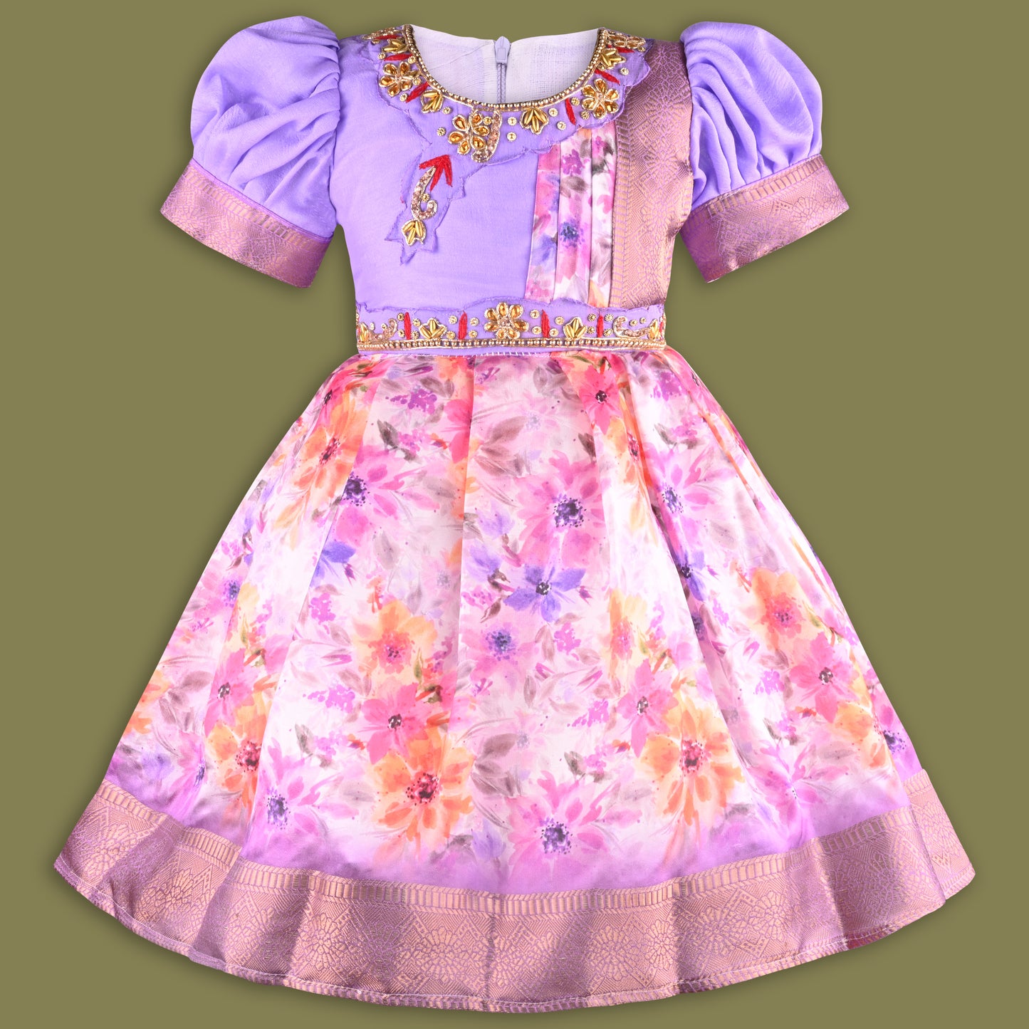 Girls Floral Print Bead Embellished Stylish Ethnic Dress