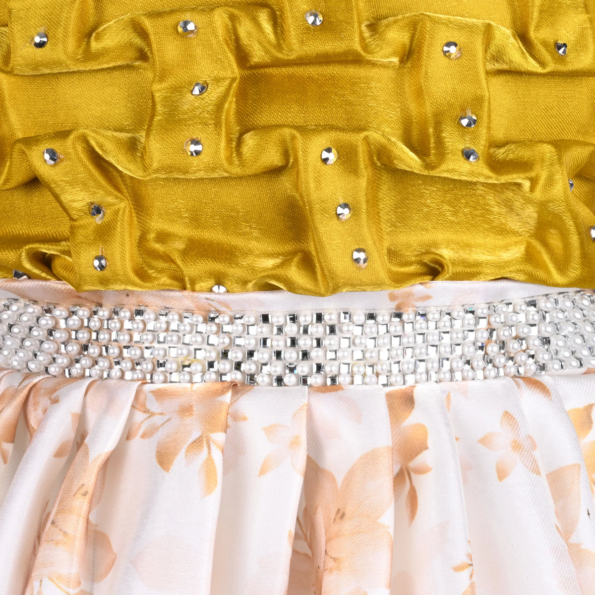 Girls Satin Party Dress with Smocked Bodice & Floral Skirt
