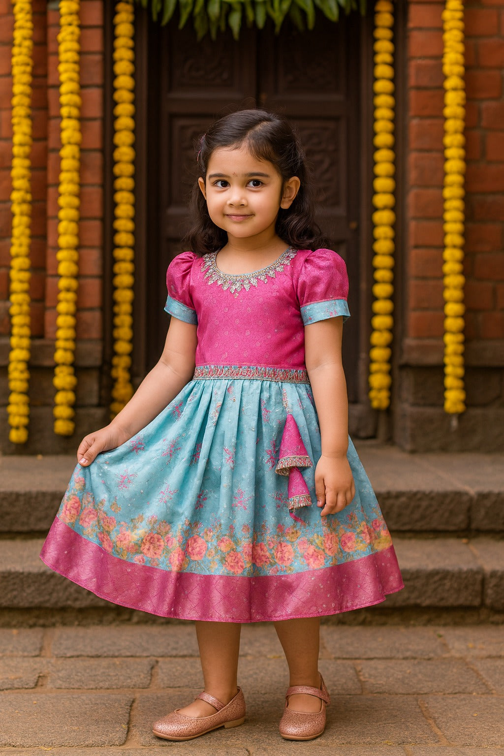 Girls Floral Embroidery Sequin Ethnic Dress