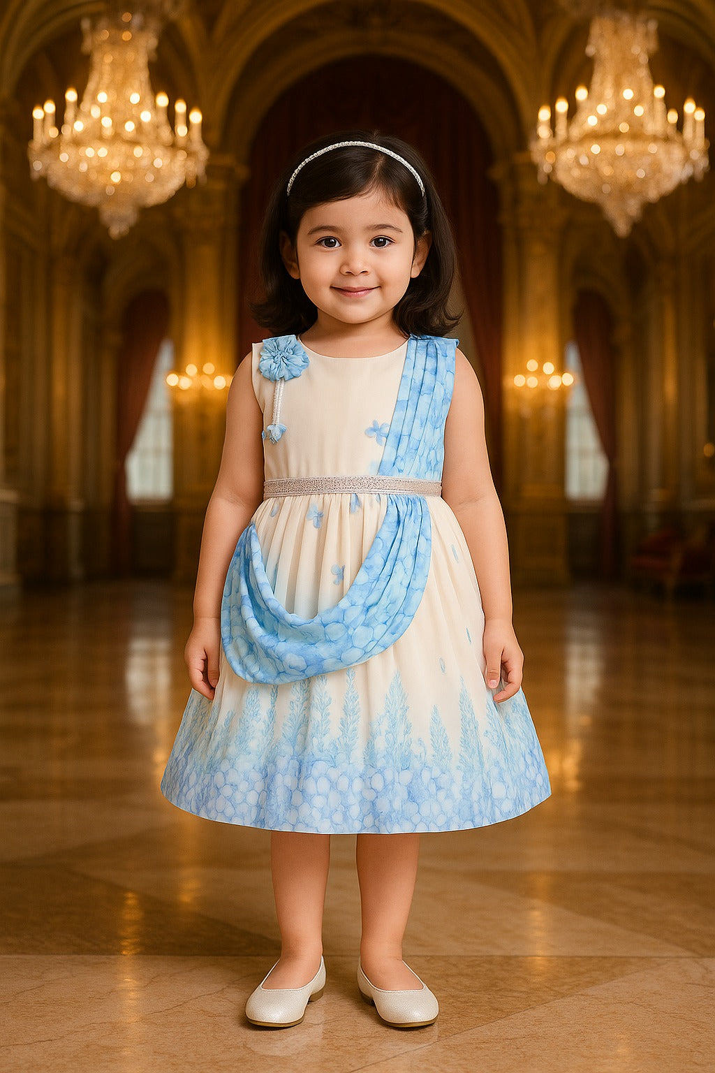Girls Floral Party Dress with Attached Dupatta Style
