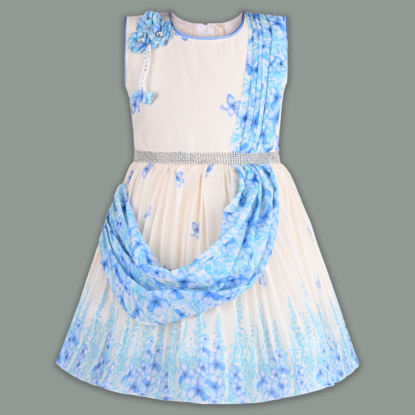 Girls Floral Party Dress with Attached Dupatta Style