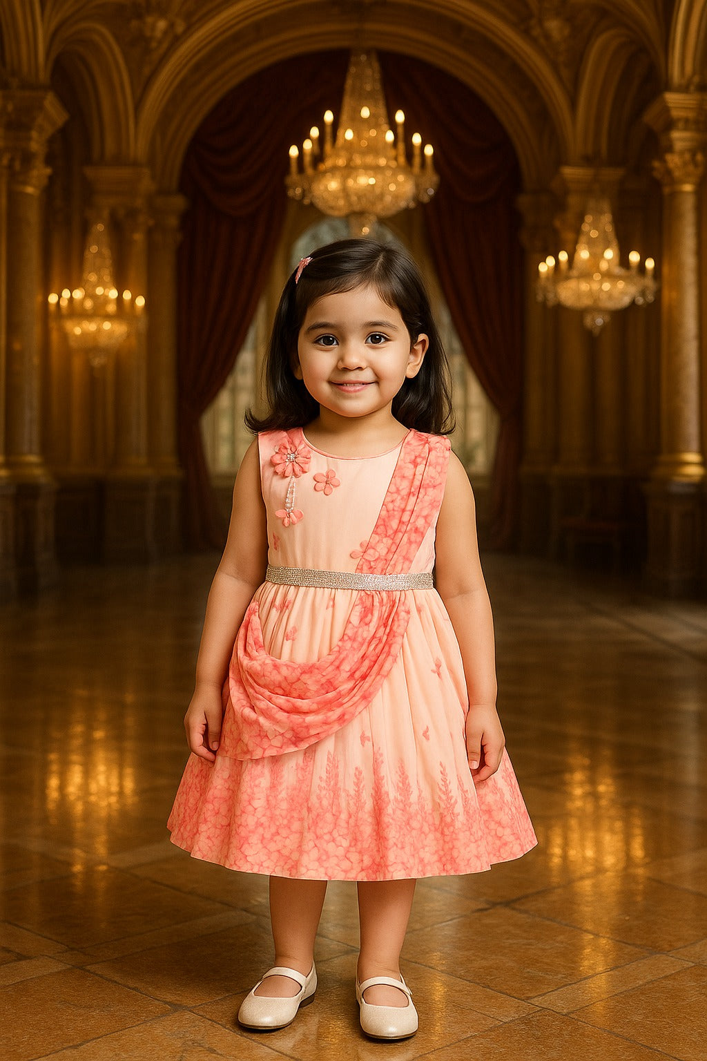 Girls Floral Party Dress with Attached Dupatta Style