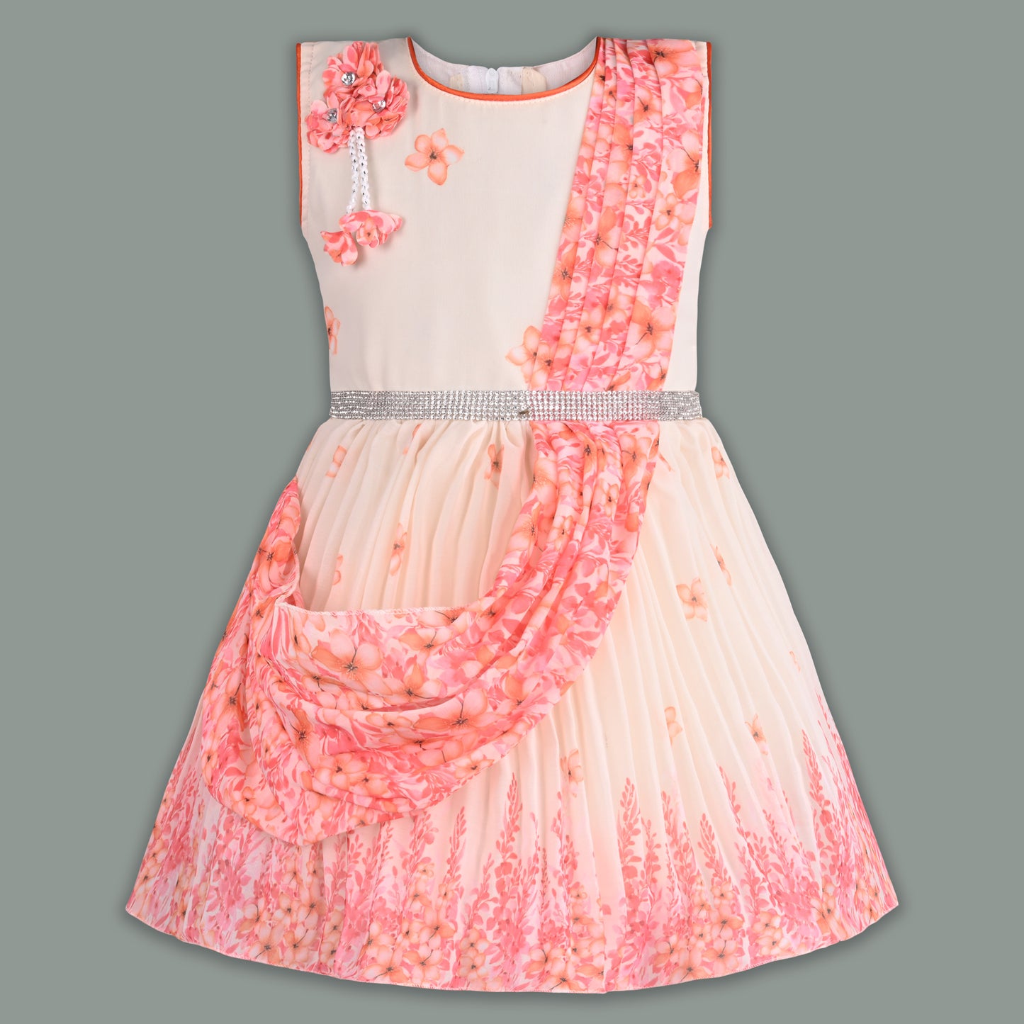 Girls Floral Party Dress with Attached Dupatta Style