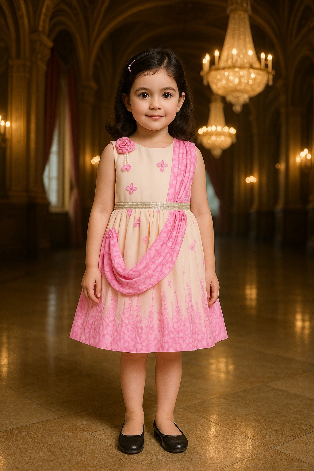 Girls Floral Party Dress with Attached Dupatta Style