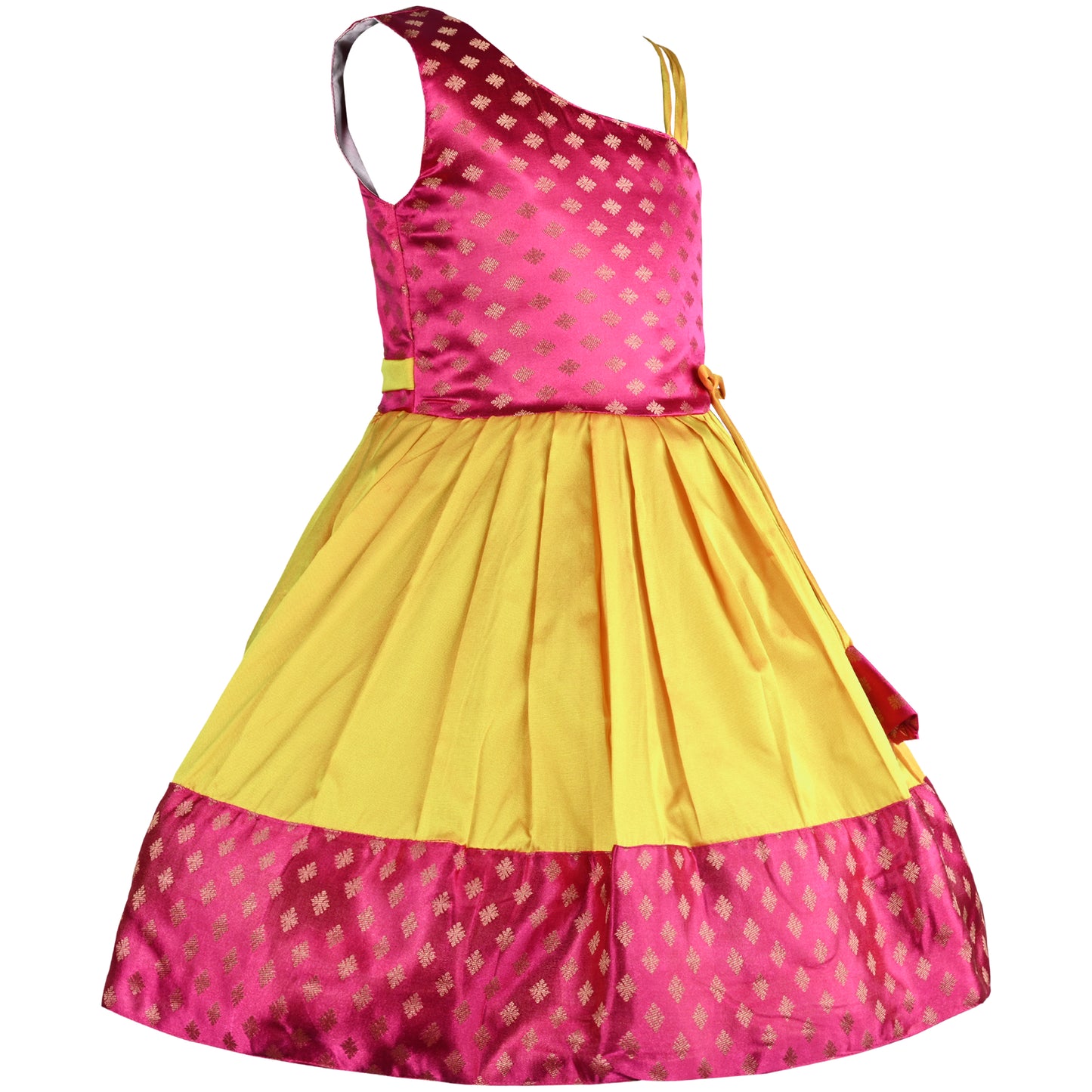 Girls One Shoulder Satin Flared Ethnic Dress