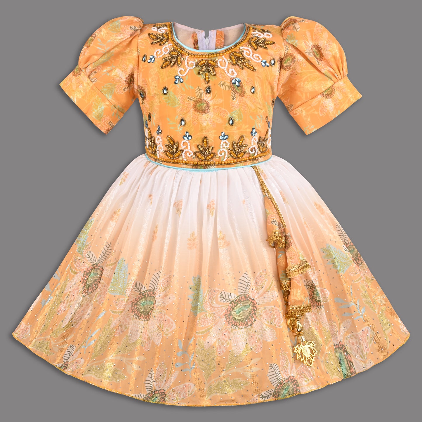 Girls Satin Party Wear Frock with Puff Sleeves & Floral Embroidery – Knee Length