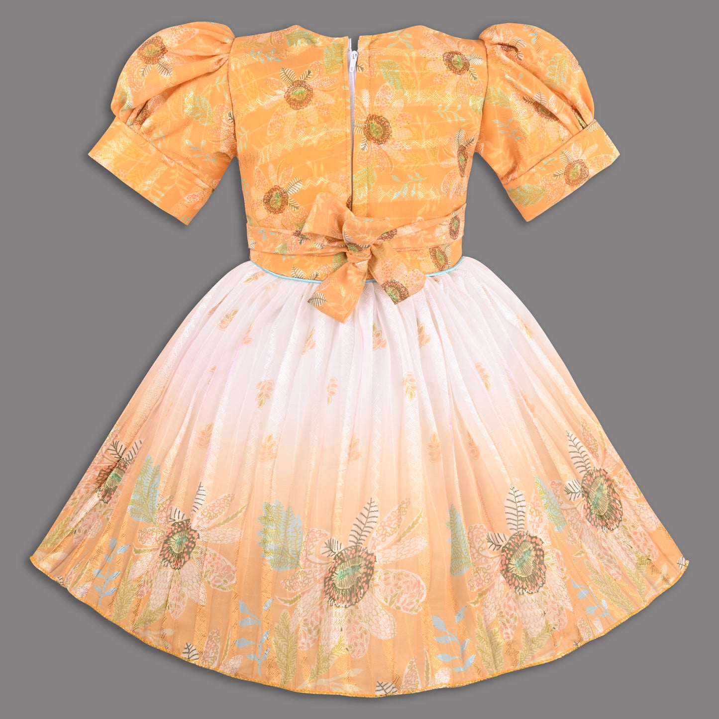 Girls Satin Party Wear Frock with Puff Sleeves & Floral Embroidery – Knee Length