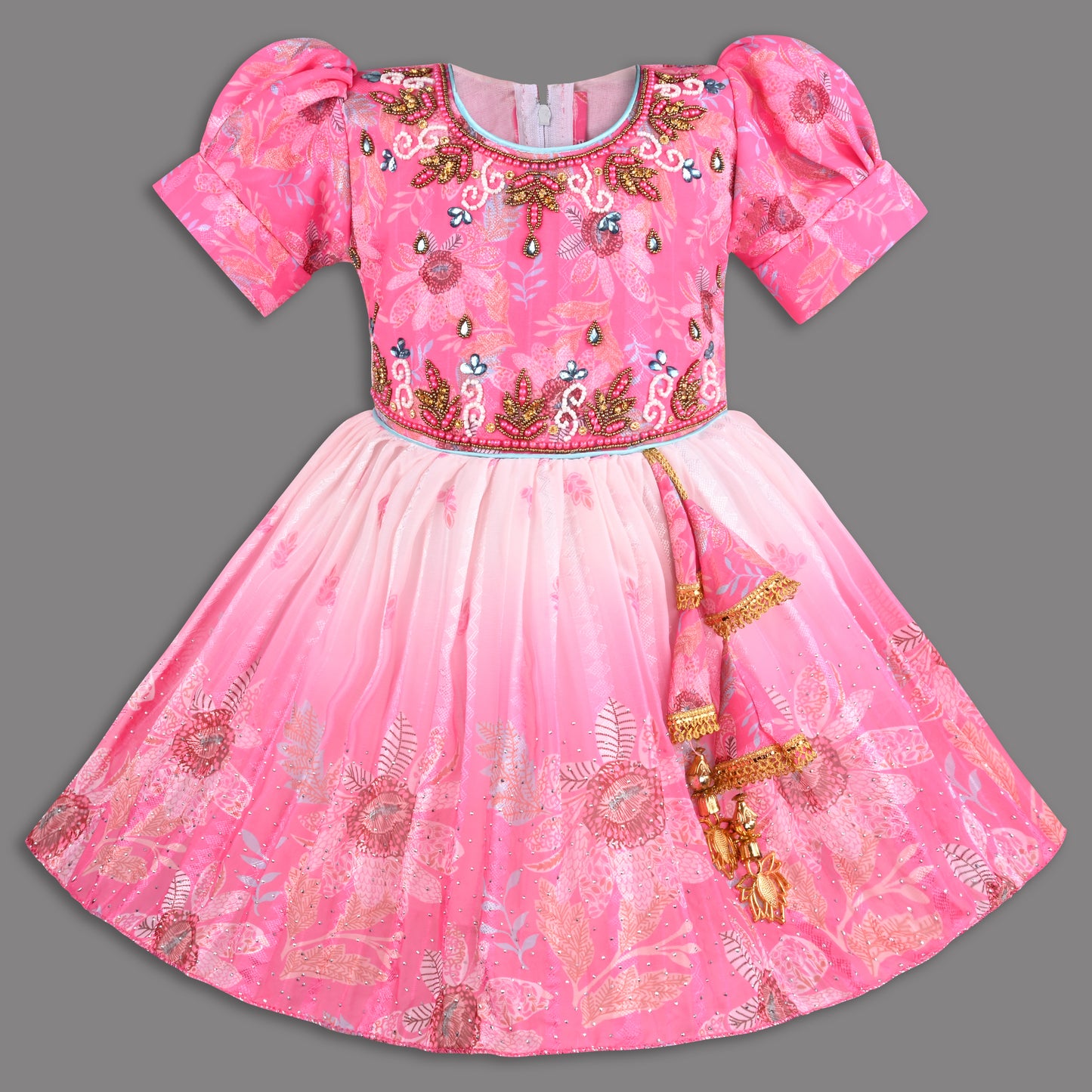 Girls Satin Party Wear Frock with Puff Sleeves & Floral Embroidery – Knee Length