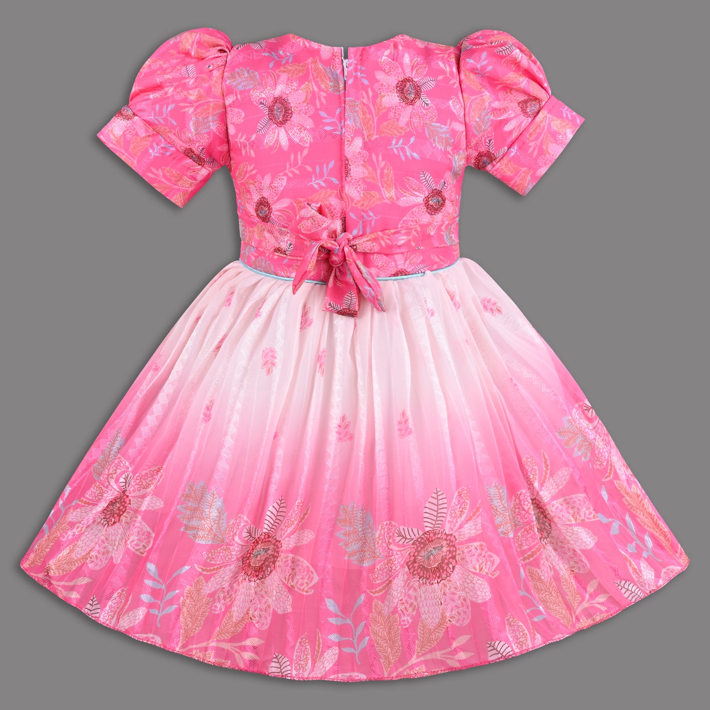 Girls Satin Party Wear Frock with Puff Sleeves & Floral Embroidery – Knee Length
