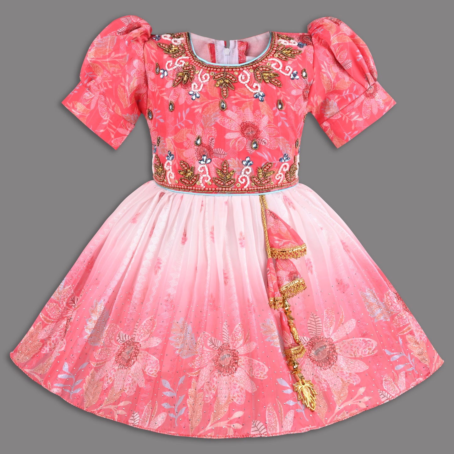 Girls Satin Party Wear Frock with Puff Sleeves & Floral Embroidery – Knee Length