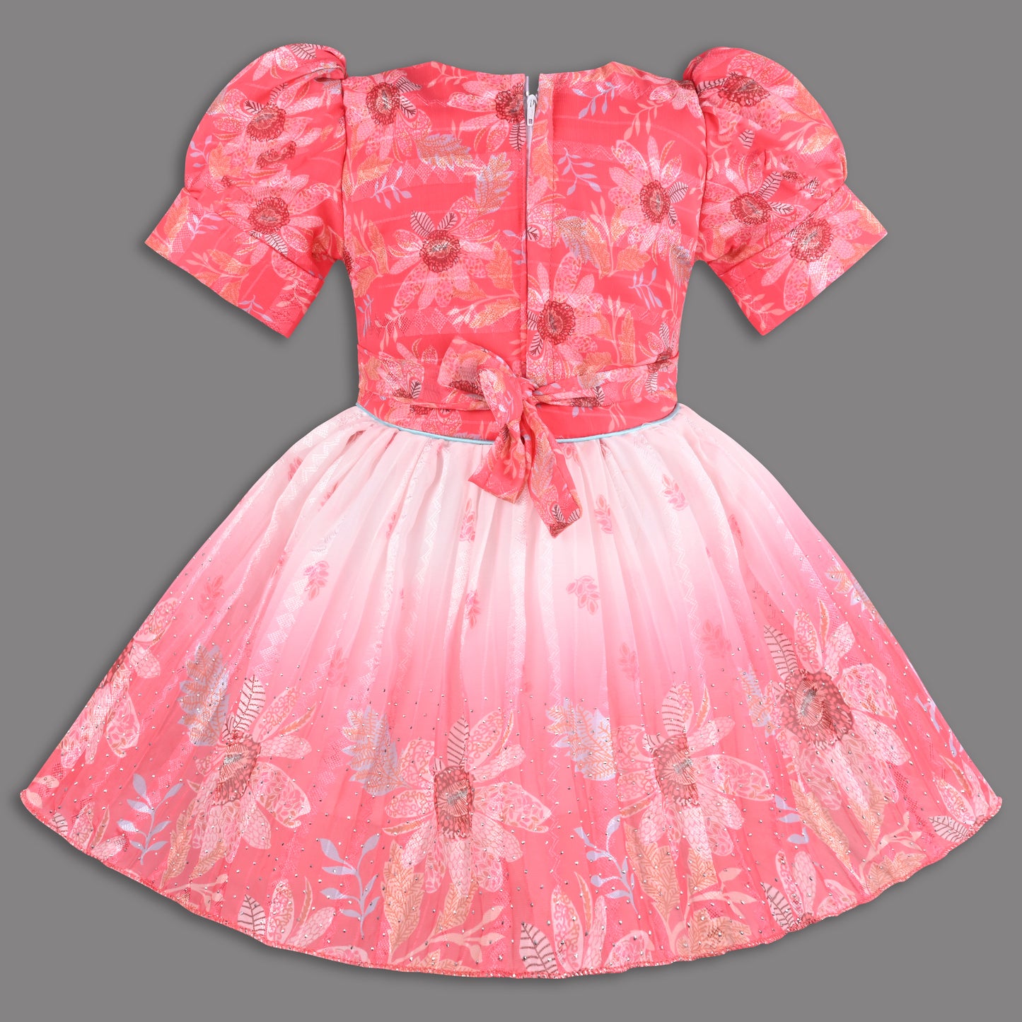 Girls Satin Party Wear Frock with Puff Sleeves & Floral Embroidery – Knee Length