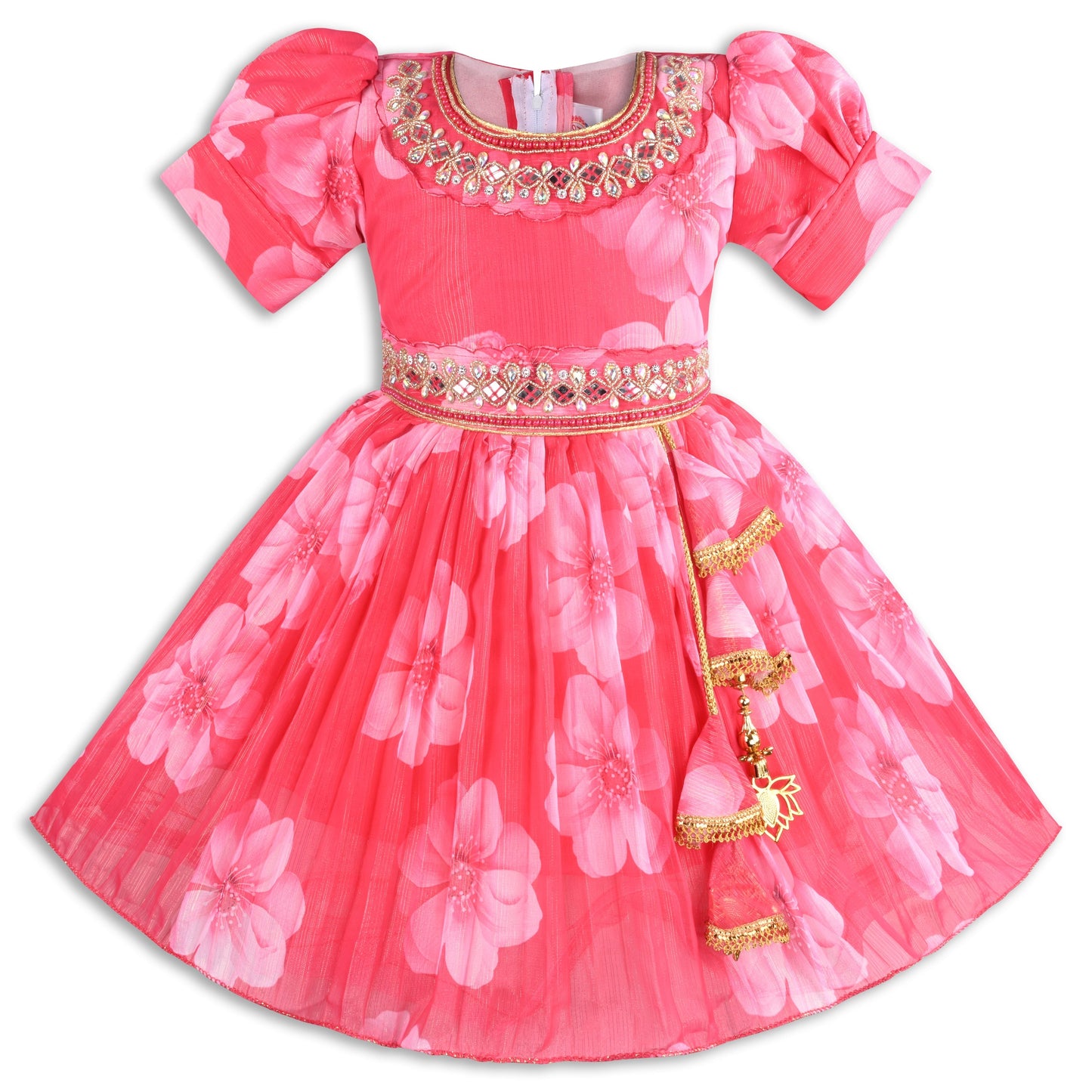 Georgette Party Dress for Girls Embroidered Neckline, Puff Sleeves & Floral Print Design