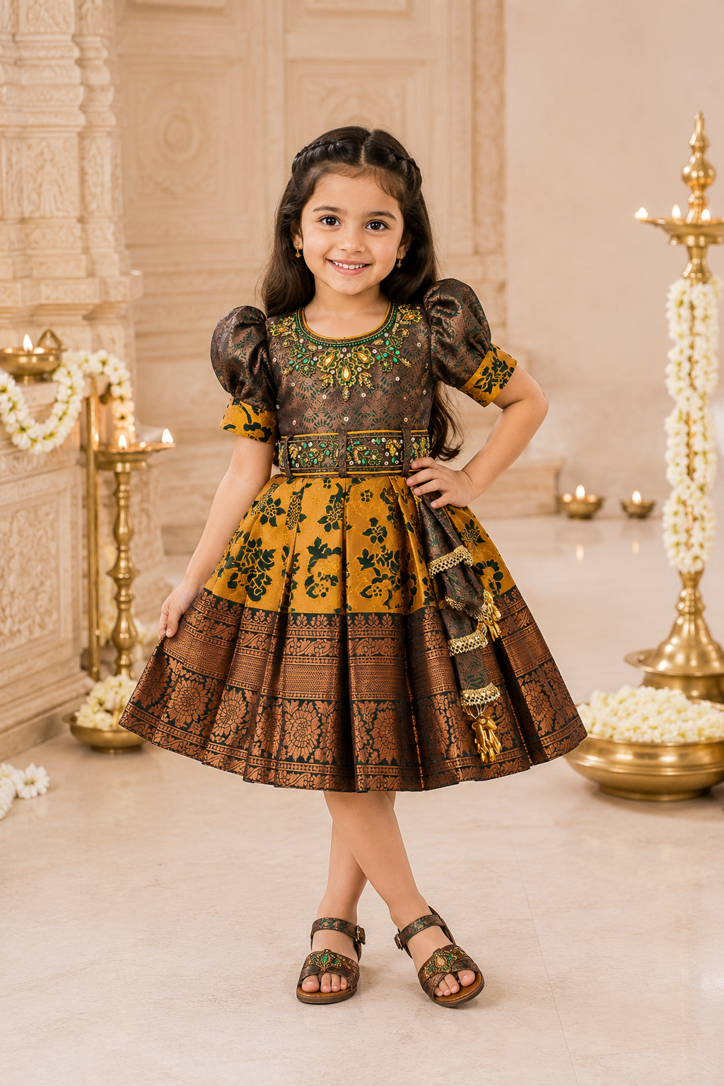 Girls Art Silk Pattu Frock – Green & Mustard Traditional Dress with Embroidery and Zari Border