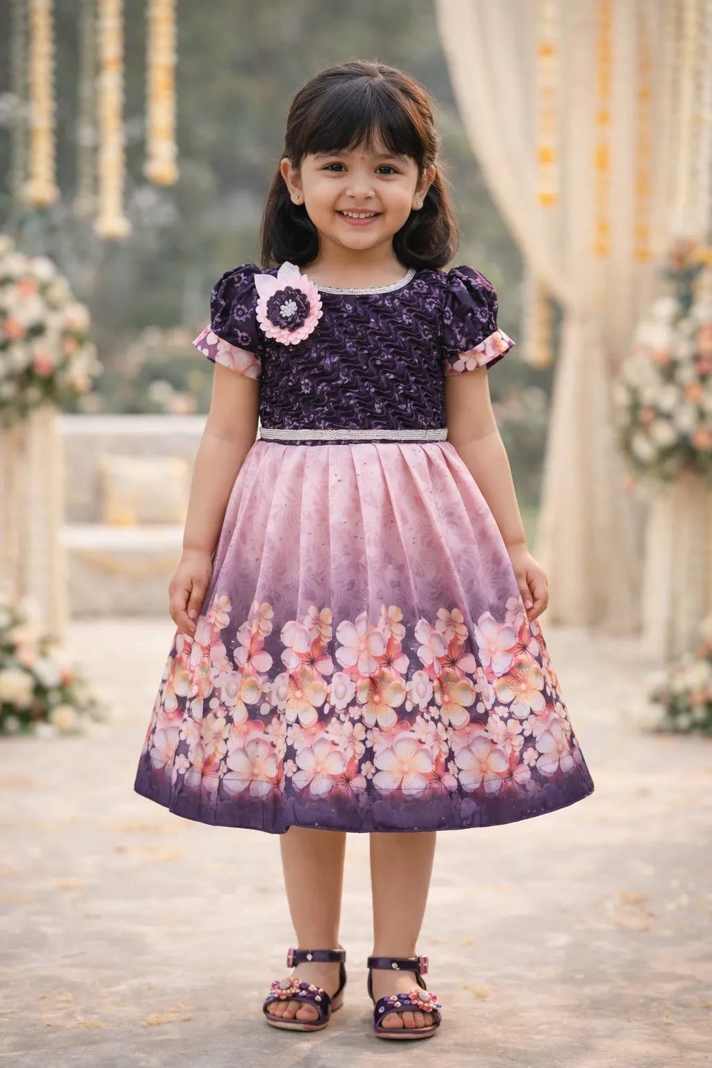 Elegant Kids Floral Party Dress – Satin Fabric | Puff Sleeves | Designer Occasion Wear