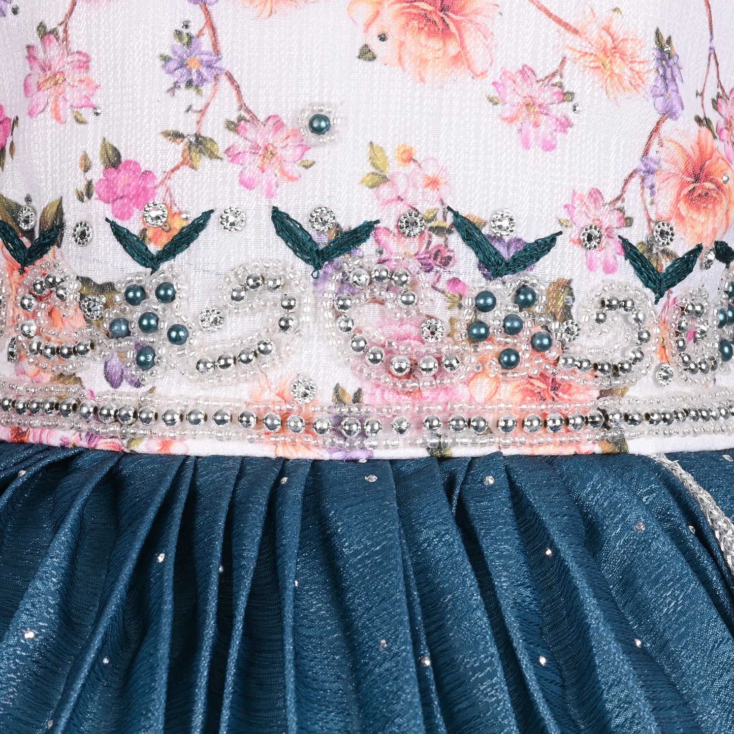 Elegant Kids Floral Party Dress – Art Silk Fabric | Embroidered Bodice | Puff Sleeves Occasion Wear