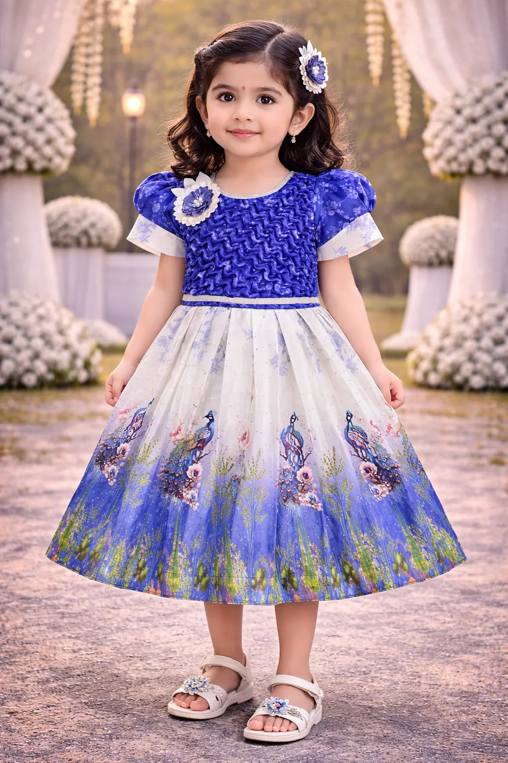 Elegant Kids Peacock Party Dress – Satin Fabric | Puff Sleeves | Designer Occasion Wear