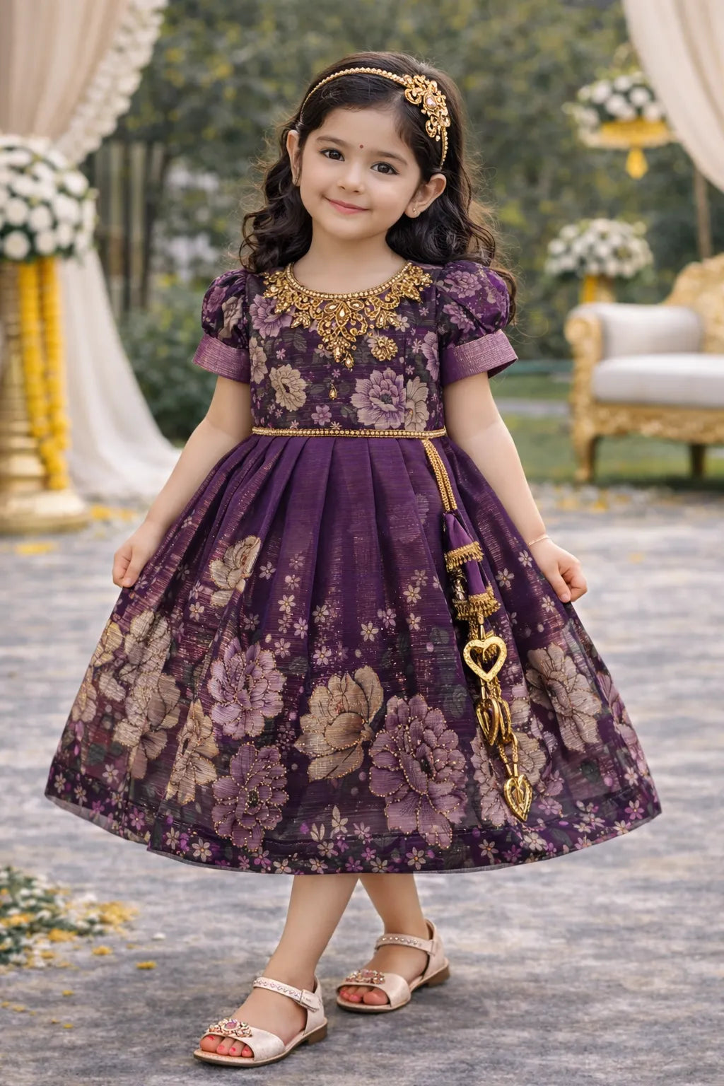 Girls Satin Floral Party Dress with Embroidery & Tassel Detail | Premium Kids Festive Wear