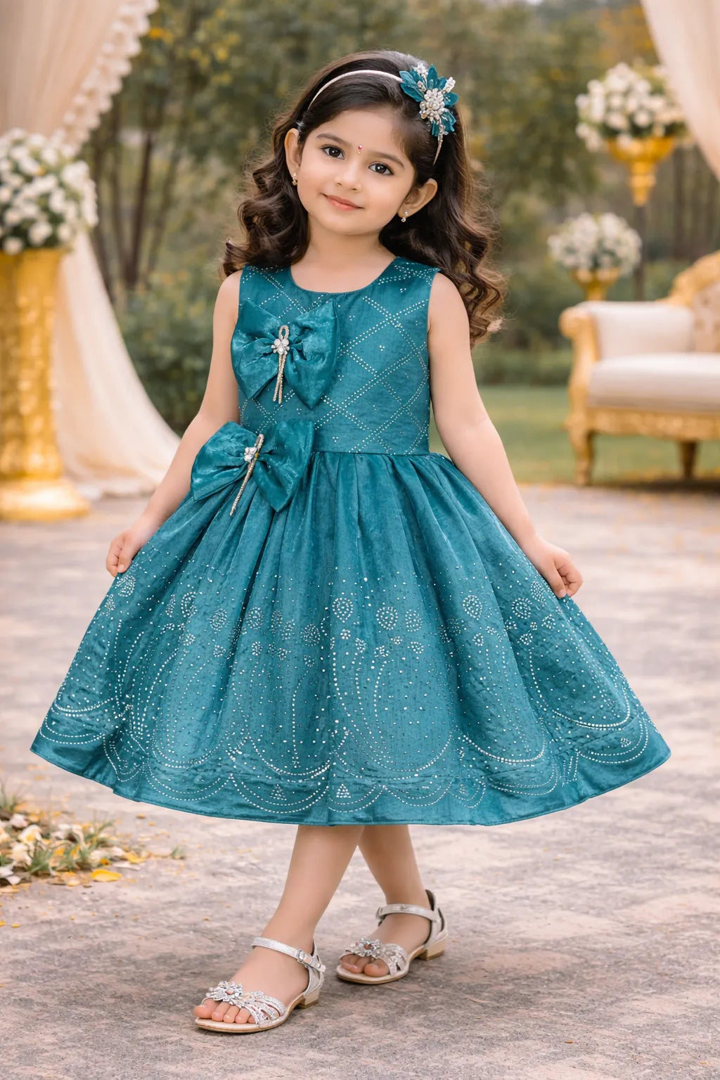 Girls Satin Party Dress with Bow Detail & Embellished Design | Premium Kids Festive Wear