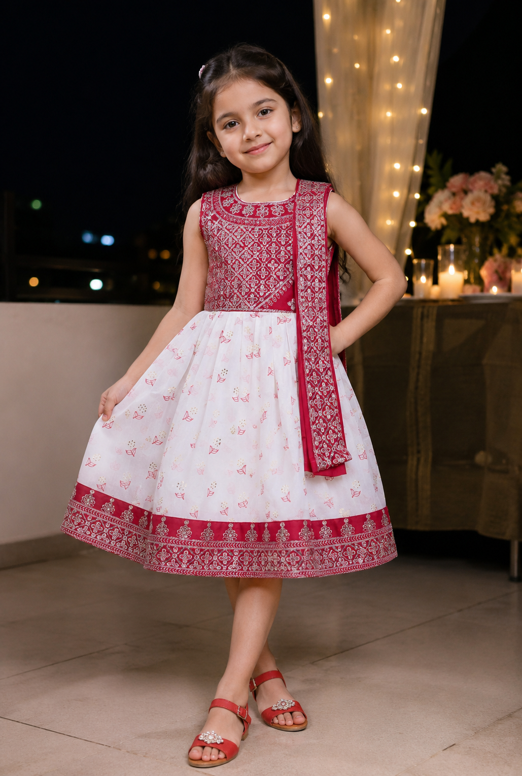 Girls Maroon & White Georgette Ethnic Party Wear Dress