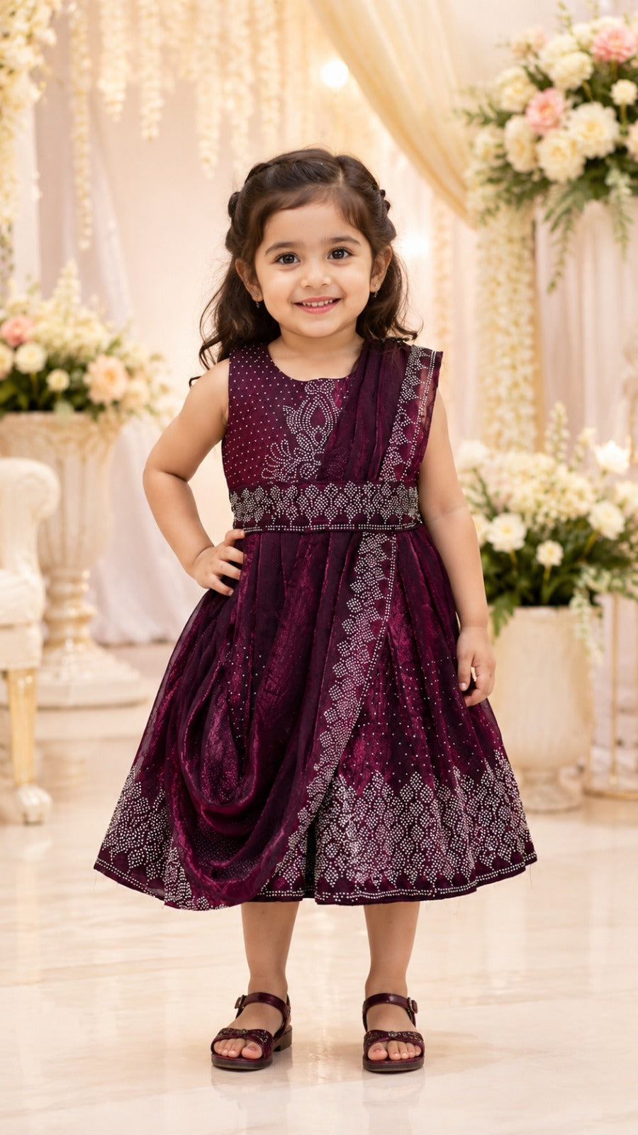Girls Korean Satin Ethnic Party Wear Dress with Drape Detail