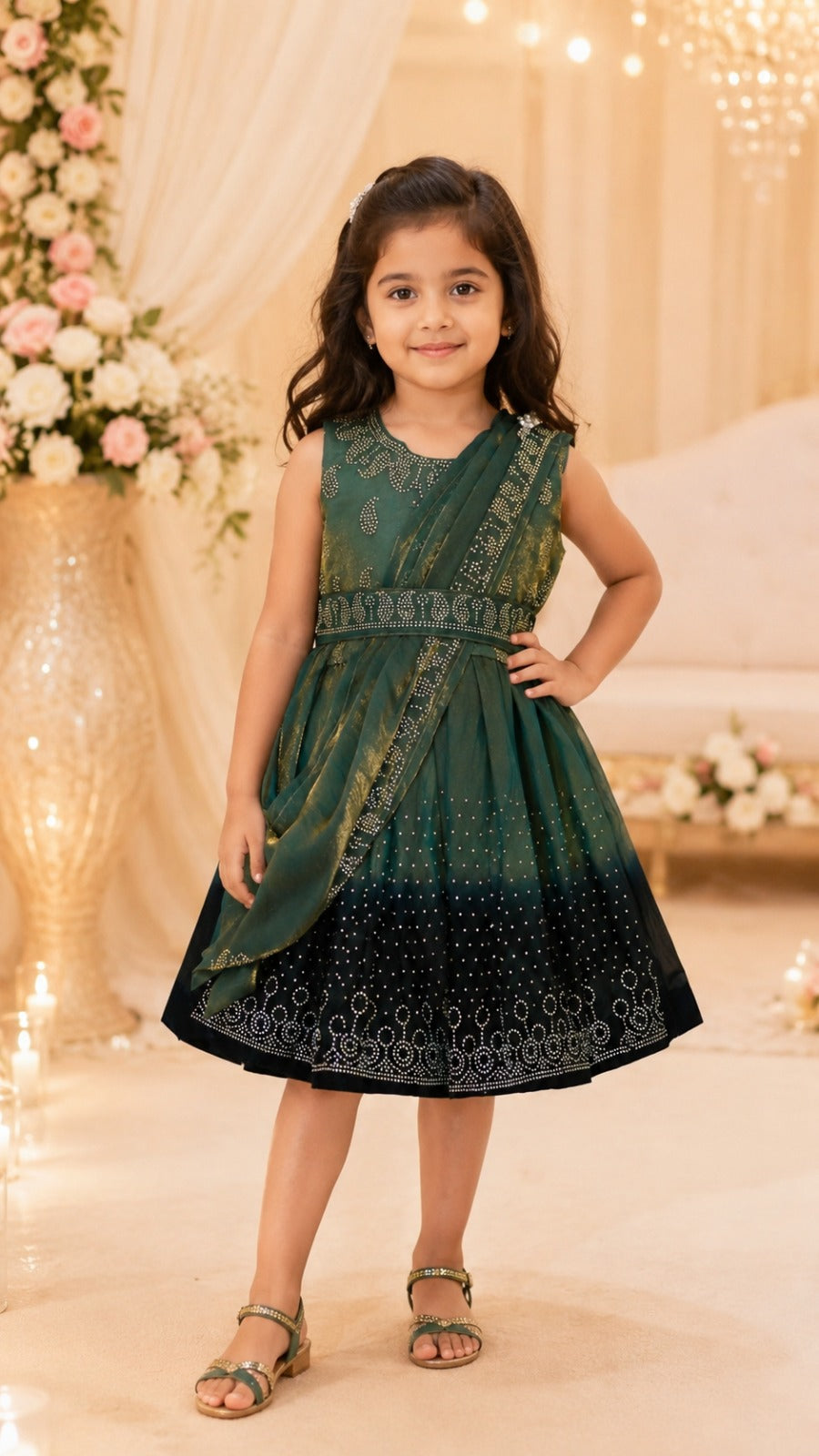 Girls Korean Satin Ethnic Party Wear Dress with Drape Detail