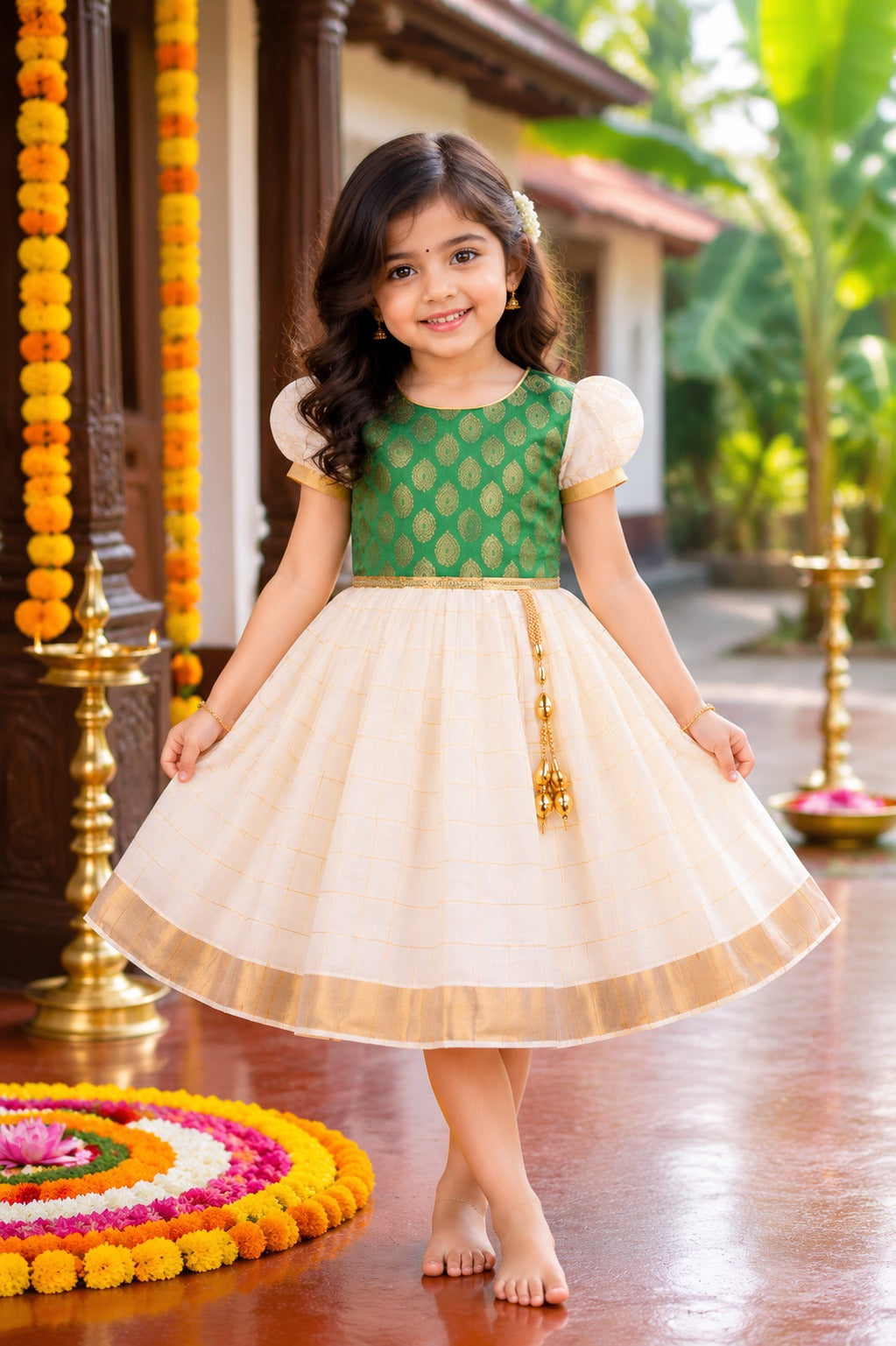 Baby Girls Onam Art Silk Pattu Dress with Puff Sleeves & Golden Zari Border