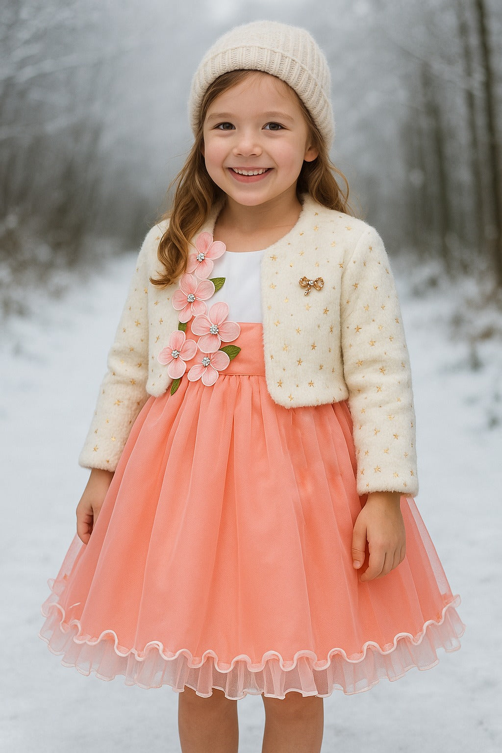 Girls Net Party Frock with Floral Appliqué & Cream Fur Jacket for Girls – Full Sleeves, Winter Special