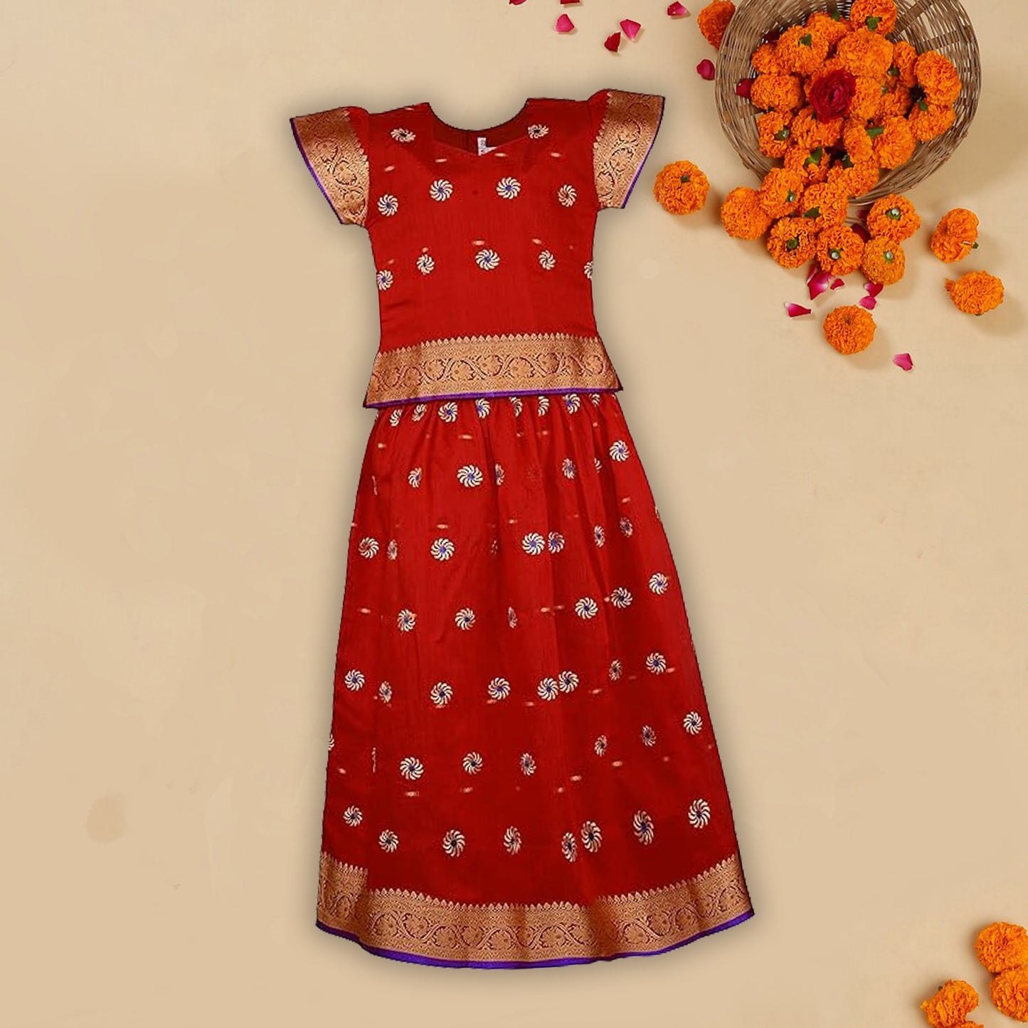 Girls Zari Woven Pattu Pavadai Choli Skirt Set