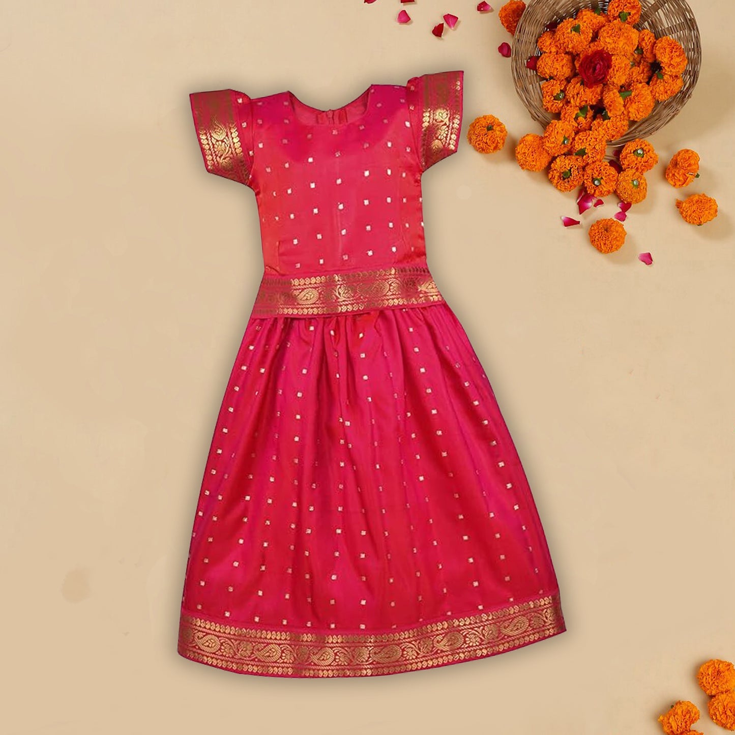 Girls Zari Woven Pattu Pavadai Choli Skirt Set