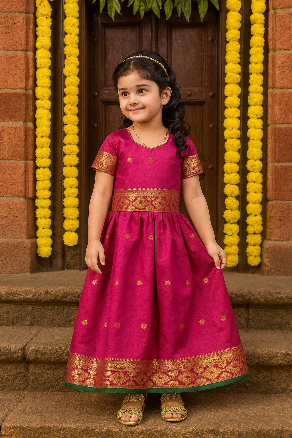 Girls Zari Woven Pattu Pavadai Choli Skirt Set