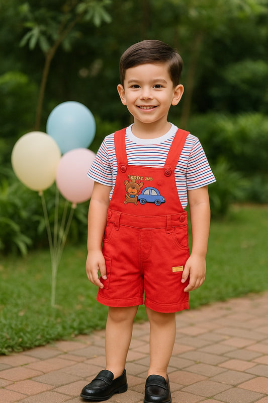 Boys Cotton Cartoon Tshirt and Dungaree Set