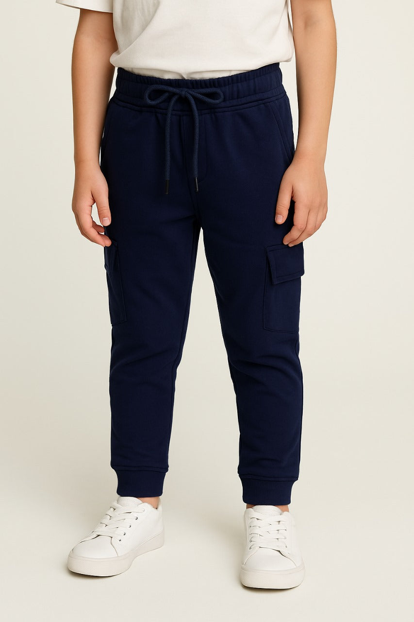 Boys Solid Cotton Cargo Trousers With Drawstrings