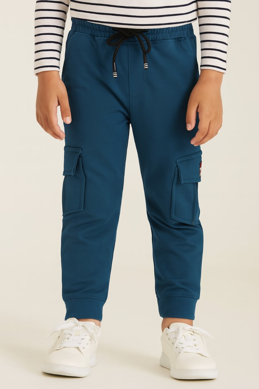 Boys Solid Cotton Cargo Trousers With Drawstrings