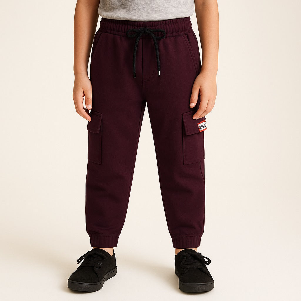Boys Solid Cotton Cargo Trousers With Drawstrings
