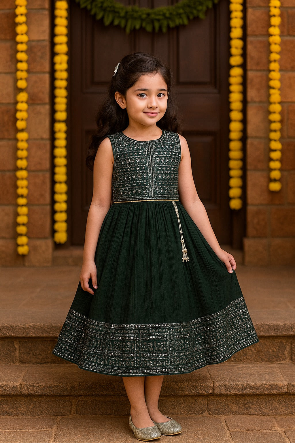Girls Embellished Fit and Flare Sleeveless Full Length Frock Dress