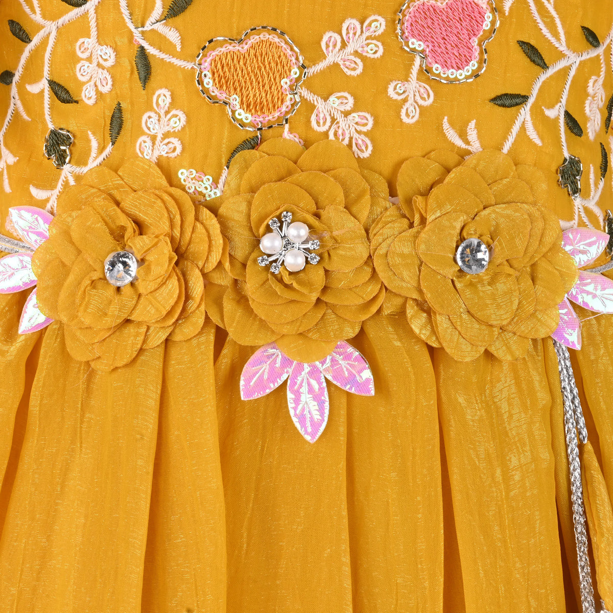 Girls Chiffon Party Dress with Embroidery & Floral Waist Detail | Elegant Kids Festive Wear